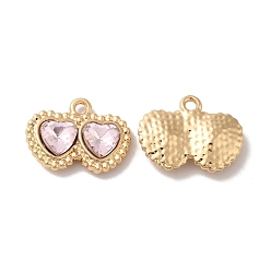 Pink Rack Plating Alloy Pandants, with Glass, Nickel Free, Double Heart Charms, Golden, Light Rose, 13.5x17.5x4mm, Hole: 1.6mm