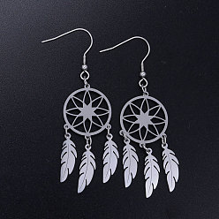 Stainless Steel Color 201 Stainless Steel Chandelier Earrings, Woven Net/Web with Feather, Stainless Steel Color, 70x20mm, Pin: 0.7mm