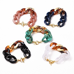 Mixed Color Acrylic Cuban Link Chain Bracelets, Curb Chain Bracelets, with CCB Plastic Findings and Alloy Toggle Clasps, Mixed Color, 8 inch(20.2cm)