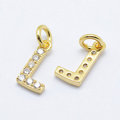 Real 18K Gold Plated Brass Micro Pave Grade AAA Cubic Zirconia Charms, Letter L, Cadmium Free & Nickel Free & Lead Free, Real 18K Gold Plated, 9x5x1.5mm, Hole: 2mm