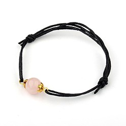 Rose Quartz Gemstone Adjustable Link Bracelets, with Alloy Bead Caps and Waxed Cotton Cord, Antique Golden, Rose Quartz, 43~75mm