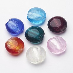 Mixed Color Handmade Silver Foil Glass Beads, Flat Round, Mixed Color, about 20mm in diameter, 10mm thick, hole: 2mm