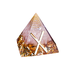 Rose Quartz Orgonite Pyramid Resin Display Decorations, with Brass Findings, Gold Foil and Natural Rose Quartz Chips Inside, for Home Office Desk, 50mm