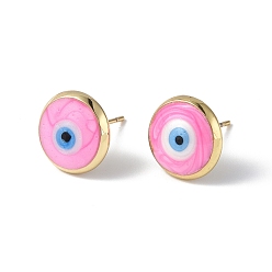 Hot Pink Enamel Evil Eye Stud Earrings, Real 18K Gold Plated Brass Jewelry for Women, Hot Pink, 12mm, Pin: 0.8mm
