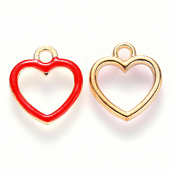 Red Alloy Enamel Charms, Heart, Light Gold, Red, 14x13x2mm, Hole: 2mm