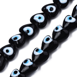 Black Handmade Evil Eye Lampwork Beads Strands, Heart, Black, 12~12.5x12~13x7.5mm, Hole: 1.2mm, about 33pcs/strand, 14.76 inch(37.5cm)