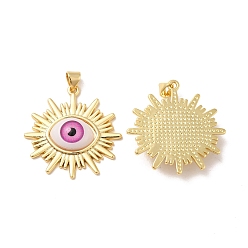 Hot Pink Evil Eye Resin Brass Pendants, Sun Charm, Real 18K Gold Plated, Hot Pink, 29.5x29x6mm, Hole: 5x3mm