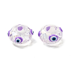 Blue Violet Transparent Glass European Beads, Large Hole Beads, with Enamel, Faceted, Rondelle with Evil Eye Pattern, Blue Violet, 14x8mm, Hole: 6mm