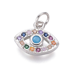 Platinum Brass Micro Pave Cubic Zirconia Charms, with Jump Rings, Eye, Colorful, Platinum, 11x13x2.5mm, Hole: 3mm