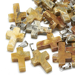 Crazy Agate Natural Crazy Agate Pendants, with Stainless Steel Snap On Bails, Cross, 29~30x18~19x5~6mm, Hole: 6x4mm