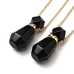 Obsidian Openable Faceted Natural Obsidian Perfume Bottle Pendant Necklaces for Women, 304 Stainless Steel Cable Chain Necklaces, Golden, 18.74 inch(47.6cm)