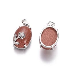 Goldstone Synthetic Goldstone Pendants, with Platinum Tone Brass Findings, Oval with Flower, 22x13.8x10.3mm, Hole: 6x3.5mm