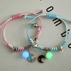 Moon 2Pcs 2 Color Luminous Beads & Alloy Enamel Charms Bracelets Set, Glow In The Dark Magnetic Charms Couple Bracleets for Best Friends Lovers, Moon Pattern, 5-7/8~11-3/4 inch(15~30cm), 1Pc/color