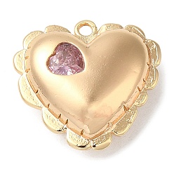 Pink Brass Pendants, with Glass, Nickel Free, Heart Charms, Real 18K Gold Plated, Pink, 15.5x16.5x6.5mm, Hole: 1.2mm