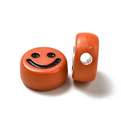 Orange Foncé Perles acryliques opaques, plat rond avec motif de visage souriant, orange foncé, 10x5mm, Trou: 2mm, environ1450 pcs / 500 g