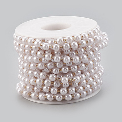 Blanc Chaînes de perles en laiton faites à la main, soudé, avec bobine, abs en plastique imitation perle, réel 18 k plaqué or, blanc, 6x5.7mm, environ 16.4 pieds (5 m)/rouleau