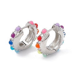 Platinum Colorful Resin Beaded Hoop Earrings, Brass Jewelry for Women, Platinum, 21x23.5x6mm, Pin: 0.9mm