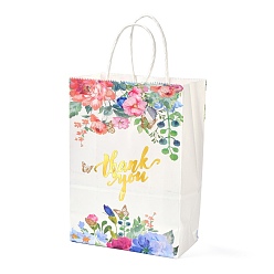 Fleur Sacs en papier rectangle d'estampage doré, avec une poignée, pour sacs-cadeaux et sacs à provisions, mot merci, motif de fleur, 14.9x8.1x21 cm