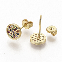 Real 18K Gold Plated Brass Micro Pave Colorful Cubic Zirconia Stud Earrings, with Earring Backs, Flat Round, Real 16K Gold Plated, Real 18K Gold Plated, 6.5mm, Pin: 0.8mm