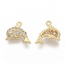 Real 18K Gold Plated Brass Micro Pave Clear Cubic Zirconia Charms, Nickel Free, Real 18K Gold Plated, Dolphin, 9x10x2.5mm, Hole: 0.9mm