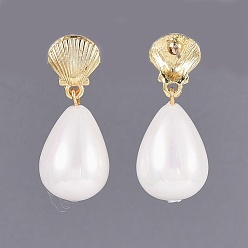Oro Perla de concha perla cuelga aretes pendientes, Con hallazgos de aretes de aleación y cajas de cartón., dorado, 31~32 mm, colgante: 21x13 mm, pin: 0.7 mm
