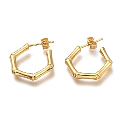 Golden 304 Stainless Steel Half Hoop Earrings, Stud Earrings, with Ear Nuts, Bamboo Stick, Golden, 20x17x3mm, Pin: 0.7mm