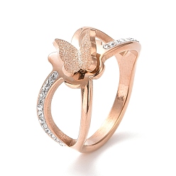 Rose Gold Crystal Rhinestone Criss Cross with Butterfly Finger Ring, Ion Plating(IP) 304 Stainless Steel Jewelry for Women, Rose Gold, US Size 7(17.3mm)