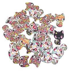 Mixed Color 2-hole Painted Wooden Buttons, Cat, Mixed Color, 26x17mm, 50pcs/bag