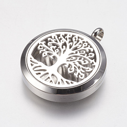 Stainless Steel Color 316 Surgical Stainless Steel Diffuser Locket Pendants, with Perfume Pad and Magnetic Clasp, Flat Round with Tree, Stainless Steel Color, 37x30x6mm, Hole: 5mm, Inner Diameter: 23mm, Perfume Pad: 22x3mm