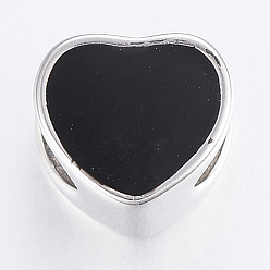 Black 304 Stainless Steel European Enamel Beads, Large Hole Beads, Heart, Black, 9x10x7.5mm, Hole: 5mm