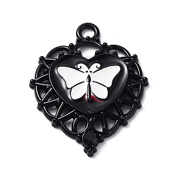 Electrophoresis Black Alloy Enamel Pendants, with Rhinestone, Heart with Butterfly Charm, Electrophoresis Black, 33.5x26x3mm, Hole: 2.8mm