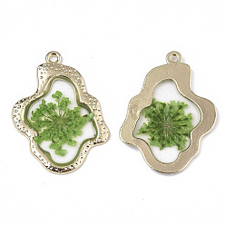 Lime Green Epoxy Resin Pendants, with Dried Flower Inside and Light Gold Plated Alloy Open Back Bezel, Nuggets, Lime Green, 35x26x1.5mm, Hole: 1.6mm