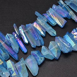 Cornflower Blue Electroplated Natural Quartz Crystal Beads Strands, Nuggets, Tusk Shape, AB Color, Dyed, Cornflower Blue, 7~15x18~60mm, Hole: 1mm, about 46pcs/strand, 16 inch
