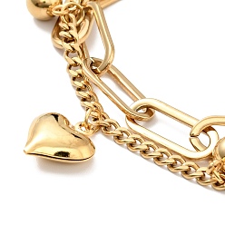 Золотой Многорядный браслет с подвеской в виде сердца и круглого шара, вакуумное покрытие 304 браслет из двухслойных цепочек из нержавеющей стали для женщин, золотые, 7-1/2 дюйм (19 см)