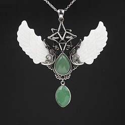 Green Aventurine Natural Green Aventurine Angel Wing Big Pendants, Star Charms with Shell Wing, Antique Silver, 85x75x25mm