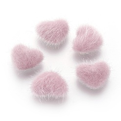 Pink Cabochons recouverts de fausse fourrure, avec fond en alliage, cœur, couleur argent plaqué, rose, 14x17x6.5mm
