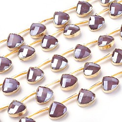Thistle Opaque Glass Beads Strands, Top Drilled Beads, with Golden Tone Brass Findings, Pearl Luster Plated, Faceted, Teardrop, Thistle, 12x13x6mm, Hole: 1mm, about 10pcs/strand, 7.16 inch (18.2cm)