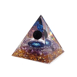 Amethyst Orgonite Pyramid Resin Display Decorations, with Gold Foil and Natural Amethyst & Natural Bbsidian Chips Inside, for Home Office Desk, 50x50x51.5mm