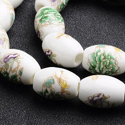 Green Flower Printed Handmade Porcelain European Beads, Large Hole Barrel Beads, Green, 20x15mm, Hole: 5mm