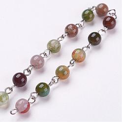 Indian Agate Handmade Natural Indian Agate Beads Chains, Unwelded, with Iron Eye Pin, 39.37 inch(1m)