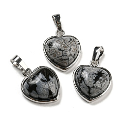 Snowflake Obsidian Natural Snowflake Obsidian Pendants, Heart Charms with Platinum Plated Brass Snap on Bails, 20.5x17.5x7mm, Hole: 4x8mm