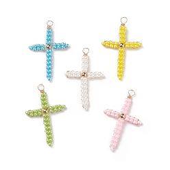Mixed Color Glass Pendants, with Golden Brass Findings, Cross, Mixed Color, 46x28.5x4mm, Hole: 4.5x3.5mm