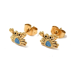 Dodger Blue Enamel Crab Stud Earrings with 316 Surgical Stainless Steel Pins, Gold Plated 304 Stainless Steel Jewelry for Women, Dodger Blue, 7x9mm, Pin: 0.8mm