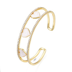 Ivoire Bracelet manchette ouvert en forme de cœur en émail avec zircone cubique transparente, bijoux en laiton plaqué or véritable 18k pour femmes, blanc crème, diamètre intérieur: 2-1/4 pouce (5.8 cm)