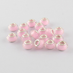 Pink Large Hole Resin European Beads, with Silver Color Plated Brass Double Cores, Faceted Rondelle, Pink, 14x9mm, Hole: 5mm