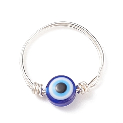 Silver Resin Evil Eye Beaded Finger Ring, Copper Wire Wrap Jewelry for Women, Silver, US Size 10 1/2(20.1mm)
