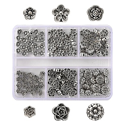 Plata Antigua 120 piezas 6 cuentas de flores de aleación de estilo tibetano, plata antigua, 4.5~7.5x3~4 mm, agujero: 1~1.5 mm, 20 piezas / estilo