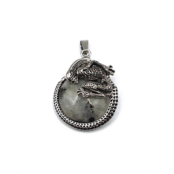 Labradorite Natural Labradorite Pendants, Flat Round Charms with Skeleton, with Antique Silver Plated Metal Findings, 40x35mm