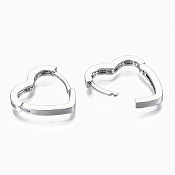 Real Platinum Plated Brass Micro Pave Clear Cubic Zirconia Huggie Hoop Earrings, Cadmium Free & Nickel Free & Lead Free, Heart, Real Platinum Plated, 16x16x2mm, Pin: 0.7mm