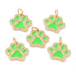 Lawn Green Real 18K Gold Plated Brass Micro Pave Cubic Zirconia Charms, with Jump Ring and Enamel, Long-Lasting Plated, Dog Paw Prints, Lawn Green, 13.5x15x2mm, Jump Ring: 5x1mm, 3mm Inner Diameter